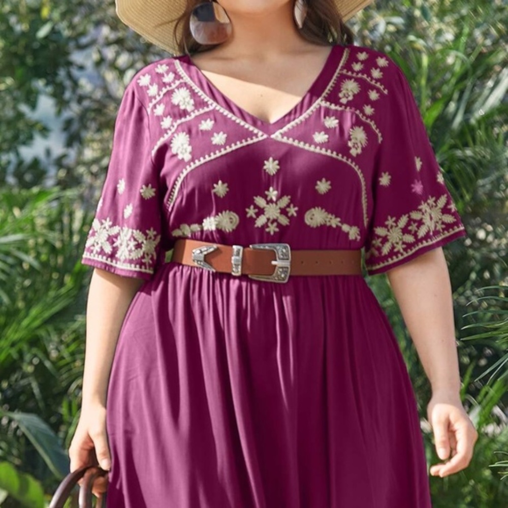 PLUS Boho Green V neck Floral Embroidered A-line Dress - Picture 11 of 13